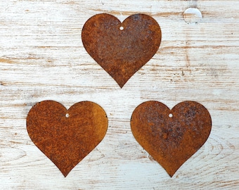 Set of 3 Rusty Hearts / Rust / Flat Metal Hearts / Metal / Small / Garden / Industrial / Vintage / Rustic / Floral / Gift /Wedding Home 10cm