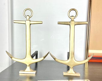 Pair of Vintage Brass Boat Anchor Andirons