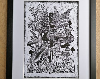May include: Black and white linocut print of mushrooms growing in a forest. The print is titled "Fairy of forest floor" and signed "Crowded"