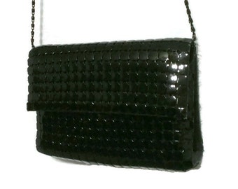 Black Enamel Metal Mesh Shoulder Bag, Chain Link Strap, Glamorous Disco Evening Purse