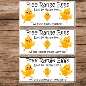 34 Personalised Egg Box Stickers/Labels Free Range Eggs Laid by Happy Hens Any Name, Address printed