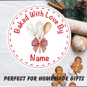 Personalised Baked With Love By Labels design Candy Ribbon any name added ideal for Home Bakes, Cookies, Cup Cake Boxes or Bags