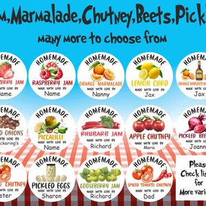 May include: A collection of 12 round, white labels with colourful illustrations of various homemade jams, marmalades, chutneys, pickles, and other preserves. Each label features the name of the product, the maker's name, and the phrase "Homemade" in a decorative font.