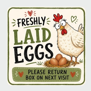 39 square egg box labels, fun design, please return box label, 50mm