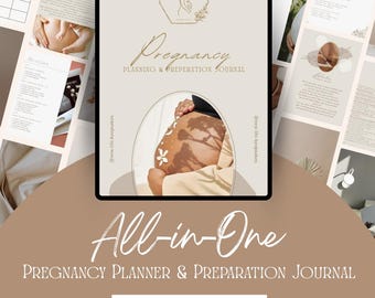 以下が含まれることがあります： 妊娠計画と準備のためのデジタルジャーナル。表紙には「Pregnancy Planning & Preparation Journal」の文字と、花のアクセントが付いた妊婦のお腹のイラストが描かれています。「All-in-One」と「Download & Print」の文字も表示されています。
