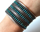 Vintage Unsigned Native American Sterling Silver Turquoise 3-row Needlepoint 1.5 quot Wide Southwestern Cuff Bracelet
