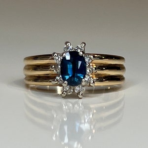 14K Gold Sapphire & Diamonds Oval Halo Ring Size 4.5 Wide Band Stunning Blue .75 CT Sapphire .25 CTW Genuine Diamonds