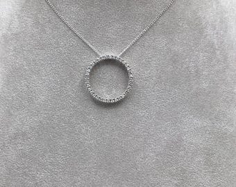 10K White Gold Diamonds Eternity Circle Necklace Pendant 1” Includes Chain