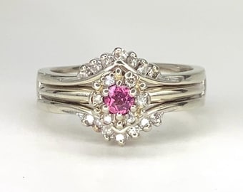 14K Rhodolite Garnet & Diamonds Halo White Gold Wedding Band Engagement Ring Set Size 6.25