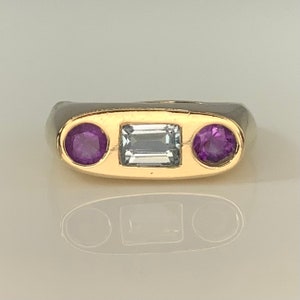 14K Blue Topaz & Amethyst Modernist Vintage Custom-Made Geometric MCM-Style Ring Size 10.25