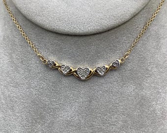 VINTAGE 10K Gold & Diamond Hearts Collar Necklace 16.75”