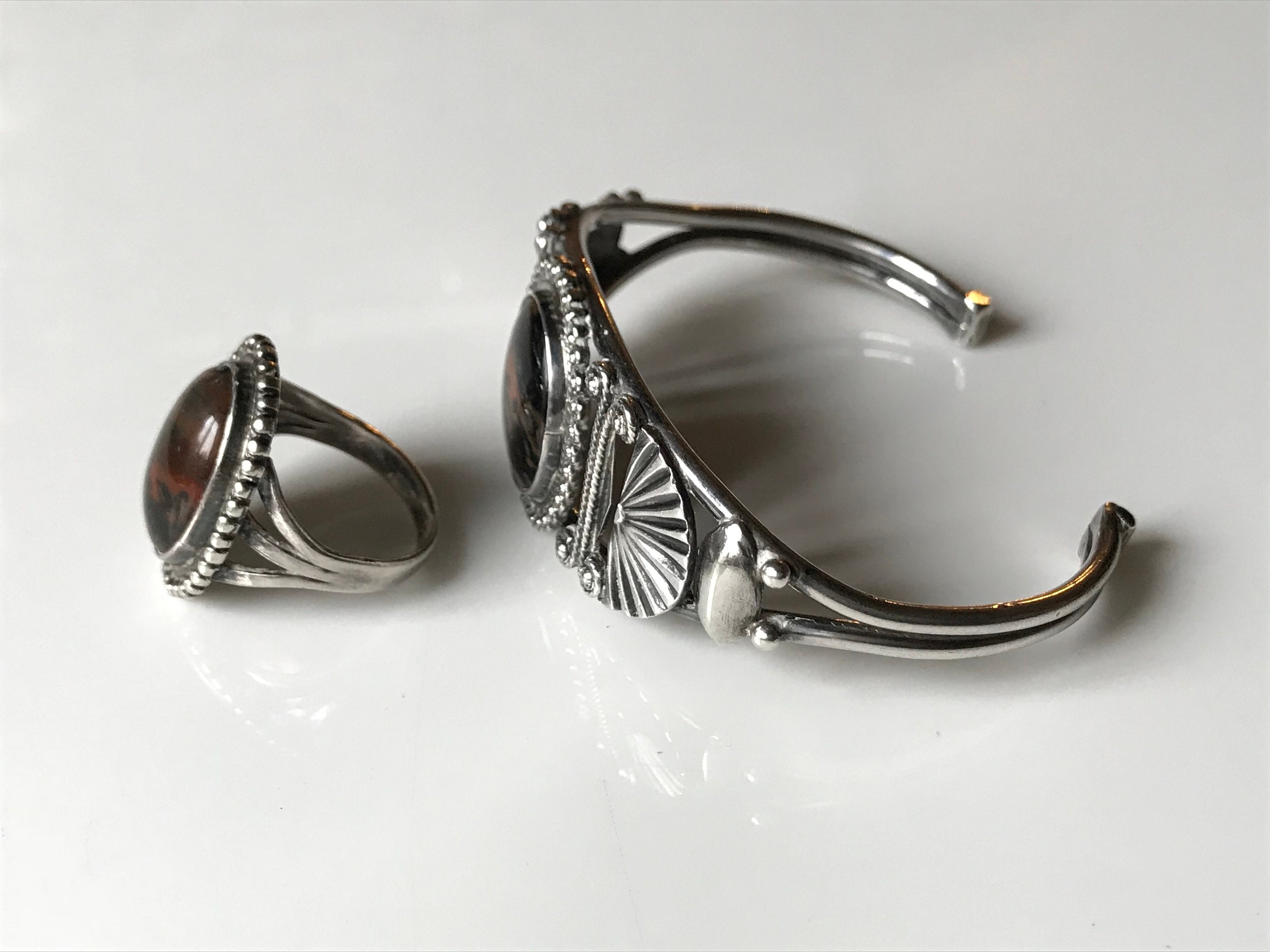 Bracelet Manchette En Argent Sterling 925 - Pierres Jaspe Et Alexandrite - Réglable Fait Main - Neuf Sans Emballage