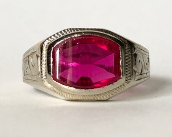 Antique 14k White Gold Ruby Ring: Ornate Art Deco, Size 5.5