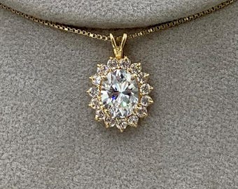 14K Oval Halo Cluster Pendant with Sparkling Clear CZs