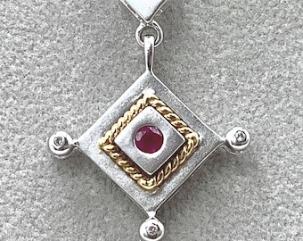 14K Gold Red Ruby & Diamond Pendant - Two-tone Matte Gold with Rope Detail