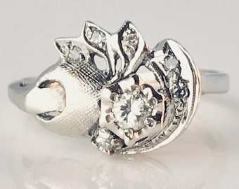 Vintage 14k White Gold Unique Fancy Diamond Cluster Cocktail Ring, Size 6.25