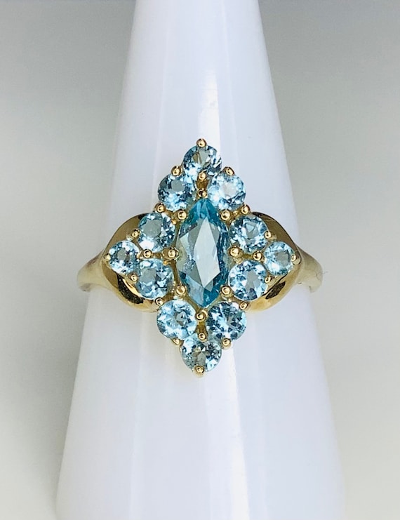 Vintage 14K Gold Blue Topaz Cluster Ring - Marquise Diamond Shape, Size 9