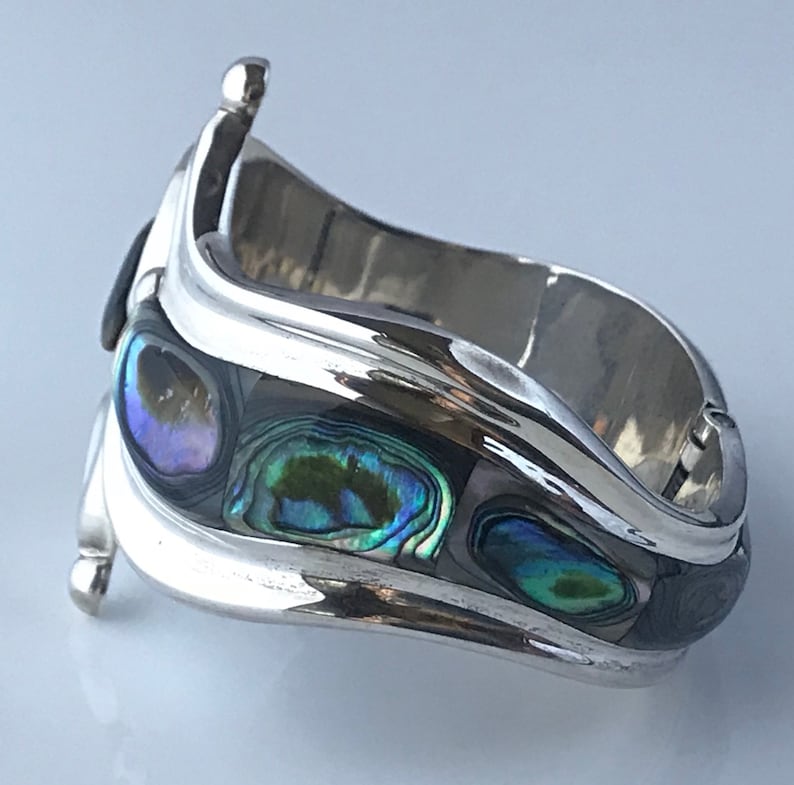 Vintage TAXCO Sterling Silver /& Abalone Bypass Clamper Spring-Hinge 2 Wide Cuff Bracelet TR-164 MEXICO