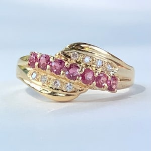 Anello vintage in oro 14 carati con rubini e diamanti, 15 pietre, anniversario, pietra portafortuna di luglio, misura 5,25