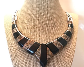 Vintage Silver Jasper & Black Onyx Inlay Large Heavy Link Collar Runway Necklace Signed Mexico TS-105 900 Silver