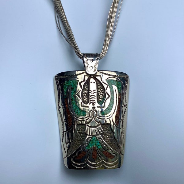 Signed Sterling Navajo Peyote Bird Pendant with Turquoise Nuggets and Heishi Beads