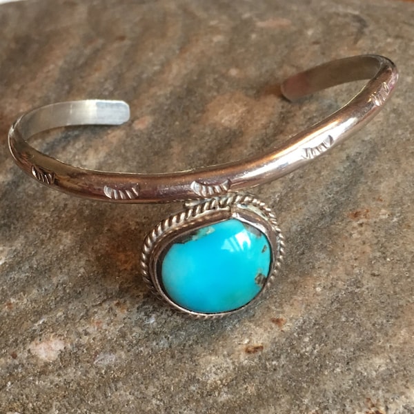 Vintage Navajo Sterling Silver & Turquoise Snakebites Cuff Bracelet