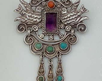 MATL Matilde Poulat Two Birds Turquoise Amethyst Red Coral Chandelier Brooch