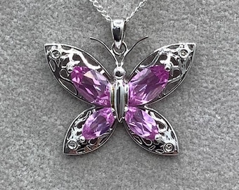 Pink Ice Butterfly 10K White Gold Filagree Necklace Pendant