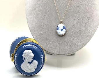 Vintage Blue Porcelain 10K Gold Pendant Necklace Set with Matching Box: Woman Holding Baby