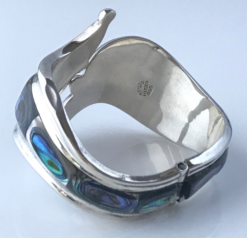 Vintage TAXCO Sterling Silver /& Abalone Bypass Clamper Spring-Hinge 2 Wide Cuff Bracelet TR-164 MEXICO