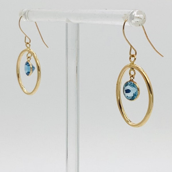 14K Gold Blue Topaz Floating Gemstone Oval Dangling Drop Solitaire Circles Earrings