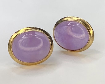 14K Lavender Jade Cabochon Earrings 12x10mm Solid Yellow Gold Bezel