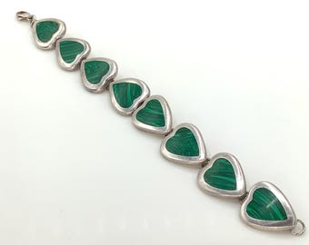 Vintage TAXCO Sterling Silver Malachite Hearts Inlay Panel Links Bracelet TD-79 MEXICO Size 7.75