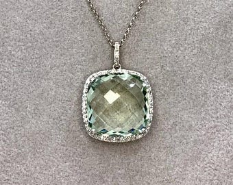 14K White Gold Prasiolite Cushion Cut Pendant 16” Necklace with Pave Diamonds