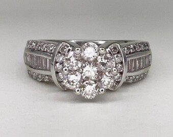 Vintage 14K White Gold Diamond Cluster Engagement Ring, 1.25 CTW, Size 6.25