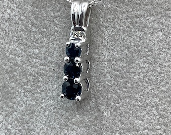 10K White Gold Sapphires & Diamonds Past Present Future Pendant Graduated Dark Sapphires