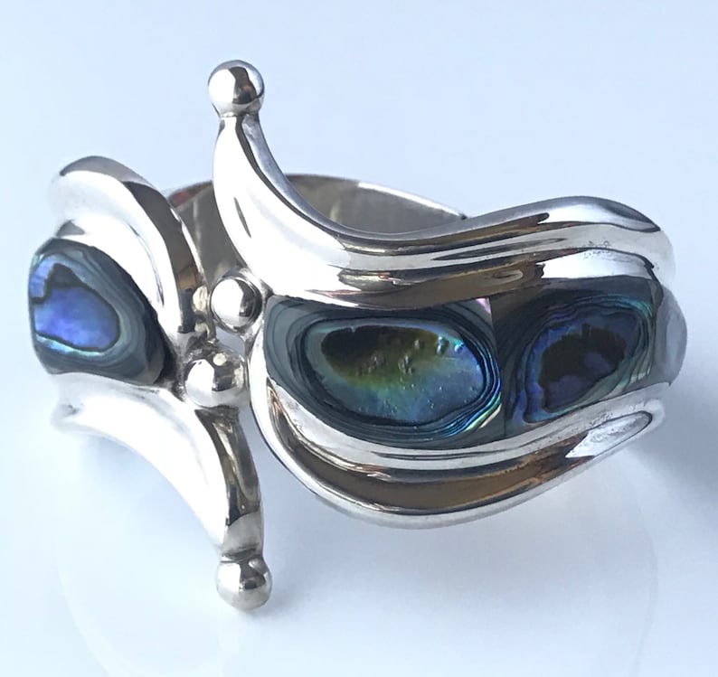 Vintage TAXCO Sterling Silver /& Abalone Bypass Clamper Spring-Hinge 2 Wide Cuff Bracelet TR-164 MEXICO