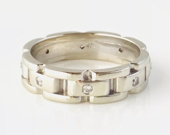 Vintage 14k White Gold Diamond Ring - Wide Link Band, Size 12