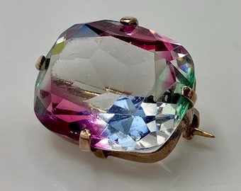 CZECH Rainbow Crystal Iris Glass 10K Gold Tube-Hinge Clasp Pin Brooch Circa 1900s ESTATE