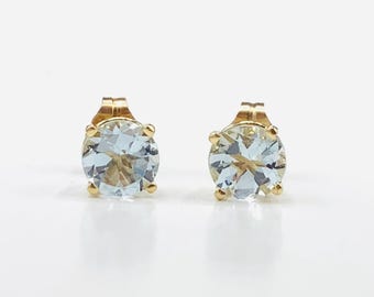 14k Gold Aquamarine Stud Earrings 6mm Round Approximately 1.5 CTW