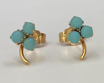14K Gold Turquoise Beads Dainty Victorian High-Prong Claw Set Stud Earrings