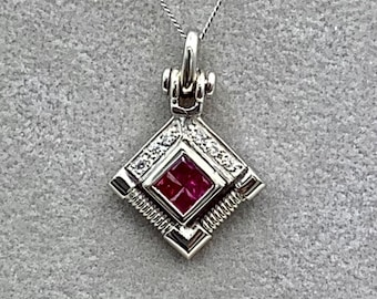 14K White Gold Ruby & Diamonds Square Set Pendant