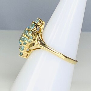May include: A gold ring with a cluster of light blue gemstones. The ring is set on a white display stand.