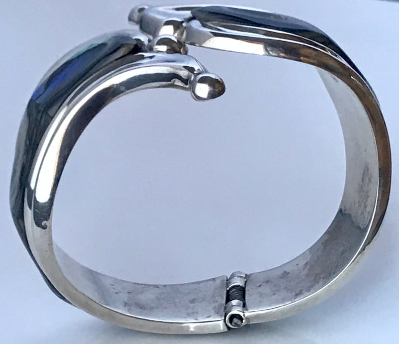 Vintage TAXCO Sterling Silver /& Abalone Bypass Clamper Spring-Hinge 2 Wide Cuff Bracelet TR-164 MEXICO