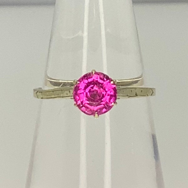 Antique 14K Ruby Red Pink Spinel Solitaire Ring in High-Profile Estate Mounting Size 5.25