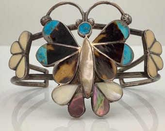Zuni Butterfly Inlay Cuff Bracelet Vintage Unsigned Native American Large Size