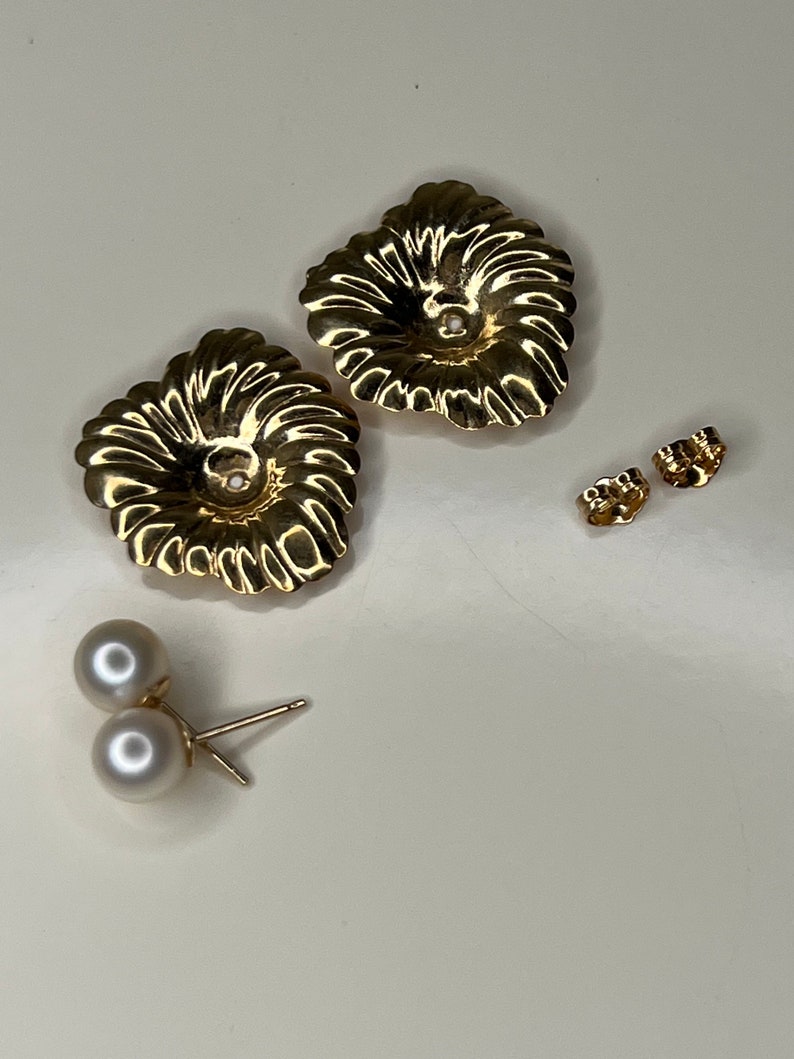 Vintage 14K Gold Flower Earring Jackets With Pearl Stud Etsy