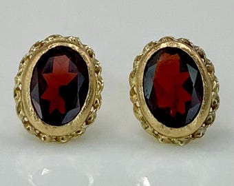 14K Garnet Oval Studs Blood Red Faceted Genuine Garnets VINTAGE