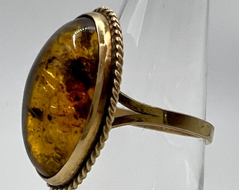 Vintage 14K Gold & Amber Cabochon Solitaire Rope Detail Bezel Ring Size 6.5