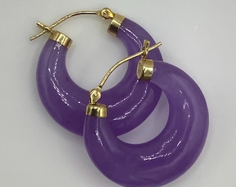 14K Gold Purple Jade 1” Hoop Earrings